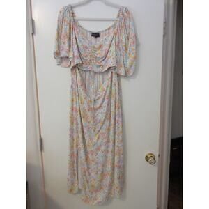 Eloqui Womens Floral Pastel Cut Out Dress size 16 Flutter‎ Sleeve Slit Bottom